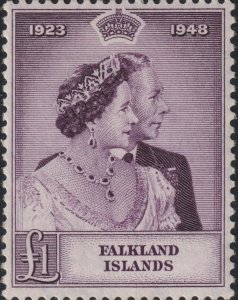 Sc# 100 Falkland Islands 1948 QE £1 MNH Silver Wedding issue cv $110.00 Stk #5