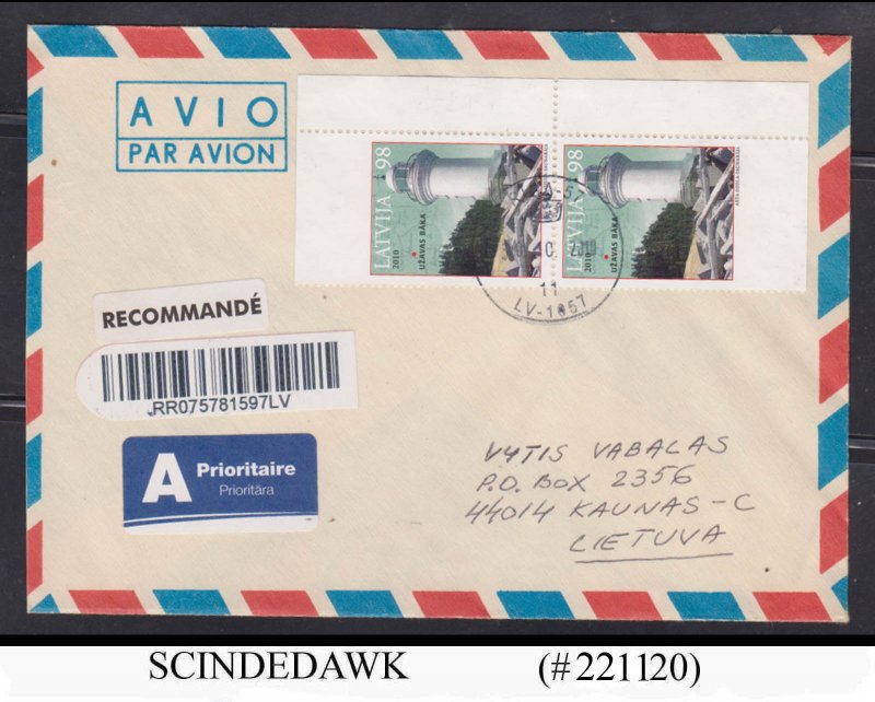 LATVIA - 2010 REGISTERED AIR MAIL TO LITHUANIA WTH 2 LIGHTHOUSE STAMPS