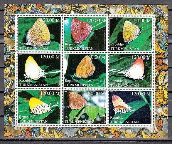 Turkmenistan, 2000 Russian Local. Butterflies sheet of 9.