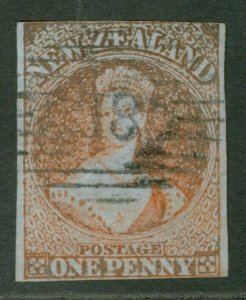 SG 4 New Zealand 1855-58. 1d red on blued paper, no watermark. Fine used...