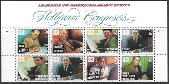 US #3339-44 Hollywood Composers. PB of 8 with header.