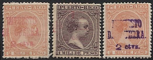 PUERTO RICO 1898 Sc MR2,MR9,MR10  Alphonso XIII Mint NH, VF War Tax