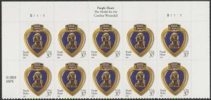 U.S.#3784 Purple Heart (2003) 37c Header Block of 10, MNH.