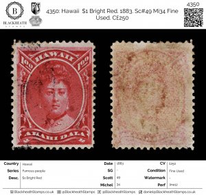 4350: Hawaii  $1 Bright Red. 1883. Sc#49 Mi34 Fine Used. C£250