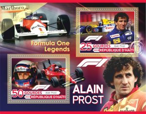 Stamps. Cars, Formula 1, Alain Prost 2022 Haiti 1+1 sheets perforated