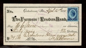 U.S.1881 BANK CHECK FARMERS TRADERS OSKALOOSA,IOWA TIED #R152 w/BOXED CANCEL
