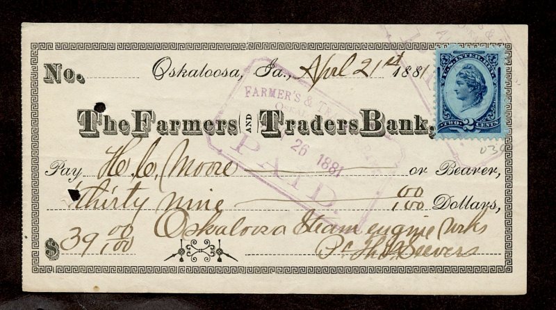 U.S.1881 BANK CHECK FARMERS TRADERS OSKALOOSA,IOWA TIED #R152 w/BOXED CANCEL