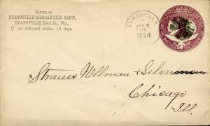 US EVANSVILLE, WI 3/10/1894 COLUMBIAN STAMPED ENVELOPE TO CHICAGO, IL 3/12