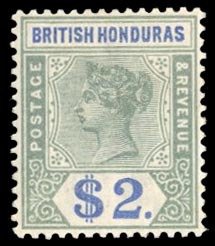 British Honduras #56 Cat$150, 1899 $2 green and ultramarine, hinged