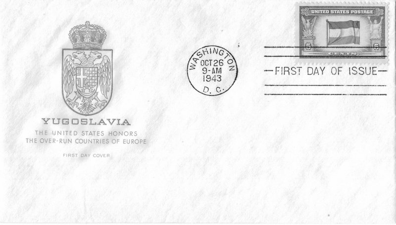 1943 FDC, #917, 5c Overrun Country - Yugoslavia, House of Farnam, machine cancel