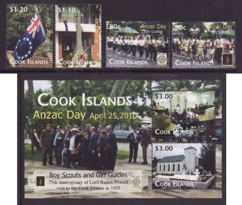 Cook Is.-Sc#1323-7- id9-unused NH set + sheet-Anzac Day-Boy Scouts-2010-