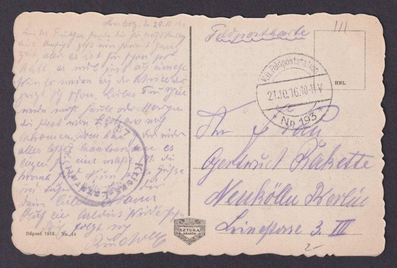 GERMANY 1916, Fieldpost postcard WWI from Lemberg (now Lviv Ukraine)