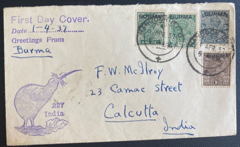 1937 Rangoon Burma First Day Cover FDC To Calcutta India Greetings