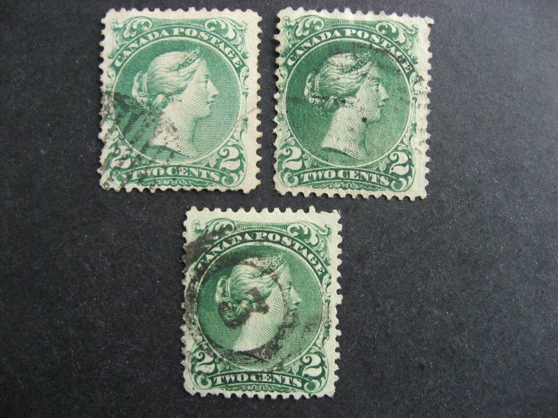 Canada 2c large queen Sc 24, 3 used copies, mixed condition, see pictures