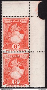 TONGA 1942 2d Red Vertical Pair SG79 MH with Top & Side Gutters