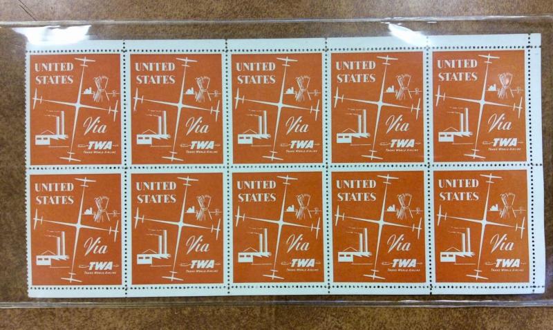 TWA Vintage poster stamp labels, mint pane of 10 : US VIA TWA