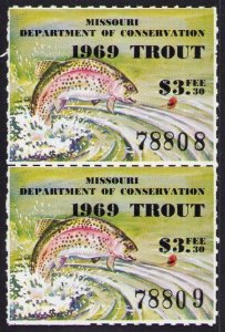 1969 MOT #1 Pair Trout Stamp Mint Missouri $3.30 Leaping Trout