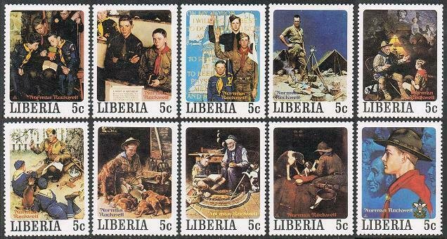 Liberia 853-857 a-j,MNH.Mi 1109-1158. Scouting 1979.Paintings by Norman Rockwell