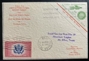 1936 Reynosa Tamps Mexico First Rocket Internat Flight cover To McAllen TX USA