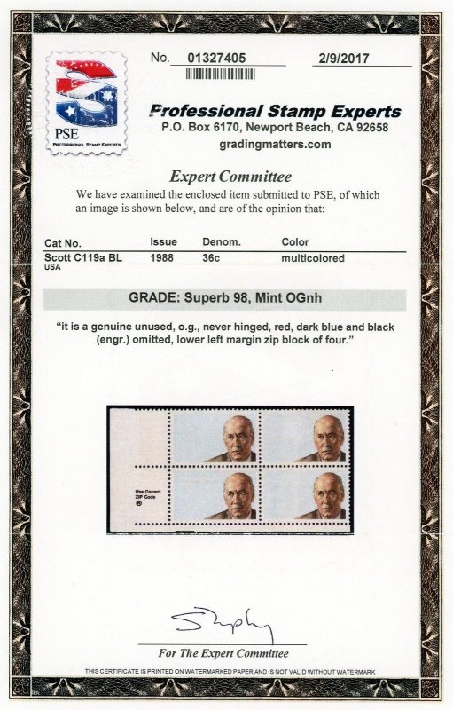 SC #C119a ZIP BLOCK OF FOUR RED BLUE BLACK OMITTED SUPERB 98 W/ PSE CERT