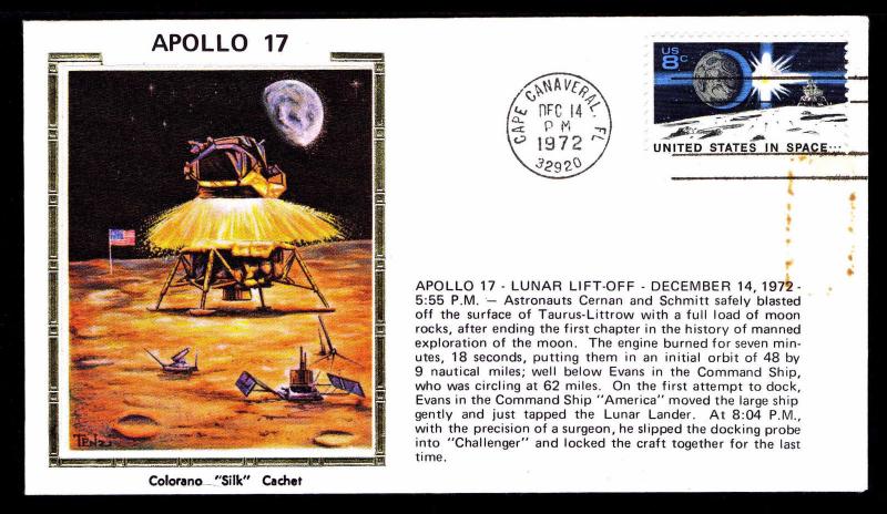 1972 APOLLO 17 LUNAR LIFT OFF - COLORADO SILK CACHET - U.S. #1434 (ESP#1687)