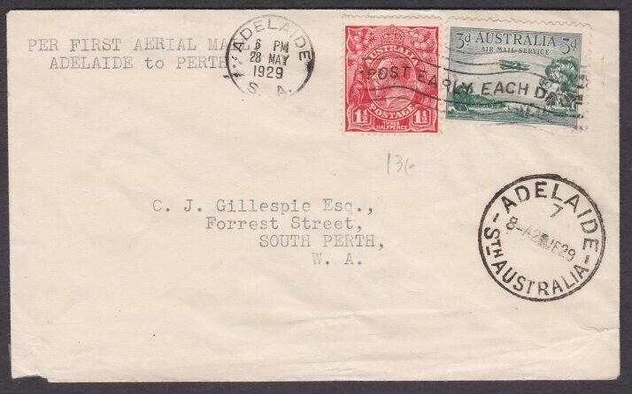 AUSTRALIA 1929 first flight cover Adelaide to Perth.........................W918