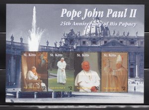 St. Kitts 2004 $2.00 Mini Sheet of 4 Pope John Paul II, Scott 592 MNH