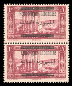 Lebanon #88 (YT 100ca) Cat€50++, 1928 1p magenta, vertical pair, bottom sta...