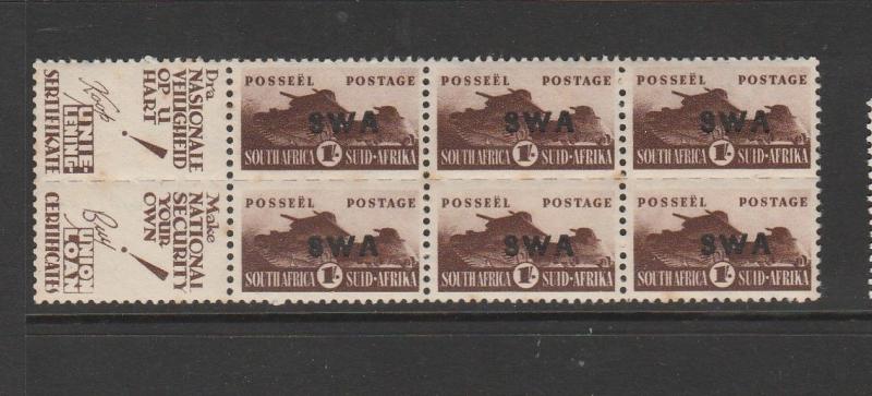 South West Africa 1943/4 war effort reduced sizes, 1/- Opt Type 29, block 6 UM/M