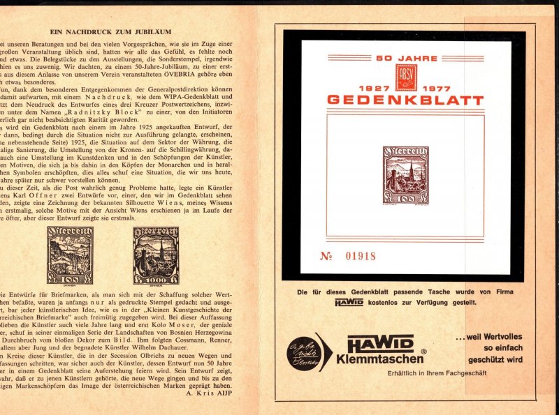 1977 Austria Commemorative Folder 50 Years of ABSV Serving Philately