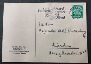 Germany German Reich 1934 post card from Corps Isaria Munich