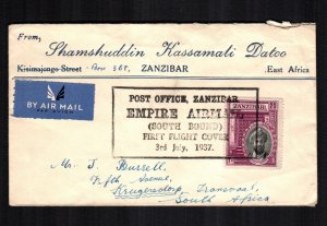 Zanzibar   215 on first flight  cover  cat $60.00