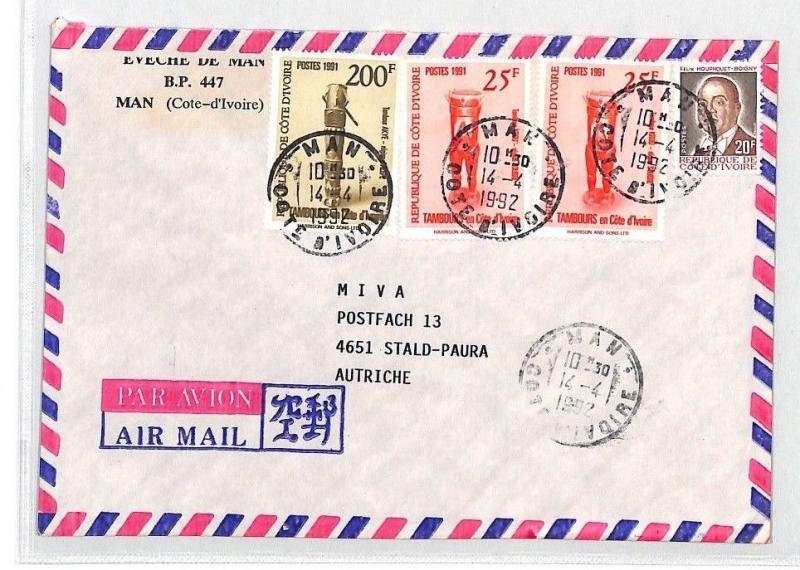 IVORY COAST Cover *MAN* Postmark DRUMS 1992 MIVA MISSIONARY MAIL {samwells}CA236