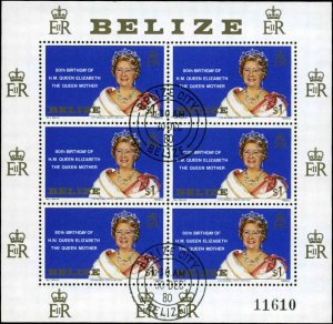 Belize Scott #523 Complete Sheet of 6 Used  Queen Mother 80th Birthday