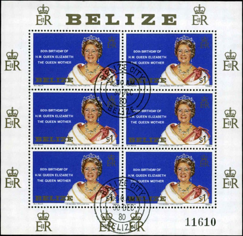 Belize Scott #523 Complete Sheet of 6 Used  Queen Mother 80th Birthday