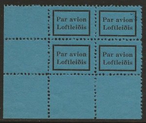 Iceland Loftleiðis Par avion Airmail etiquette label Sheet Corner BLOCK F/VF-NH