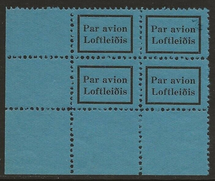 Iceland Loftleiðis Par avion Airmail etiquette label Sheet Corner BLOCK F/VF-NH