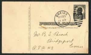 1908 US Postal Card McKinley 1c Oneida NY to Bridgeport CT Constantia Presbyteri