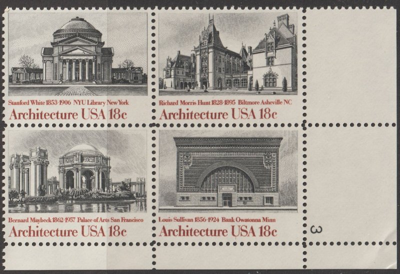 U.S.  Scott# 1931a 1981 American Architecture Issue VF MNH Plate Block #3