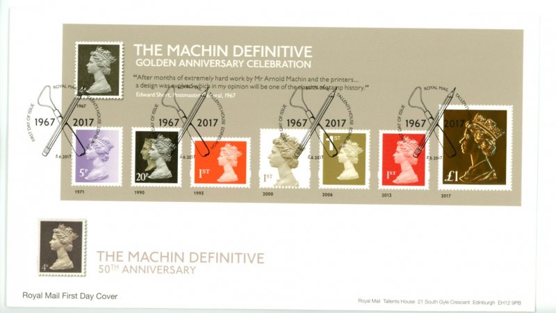 Great Britain 2017 FDC  Machin 50th Anniversary Souvenir Sheets (2)  Sc# MH468-9