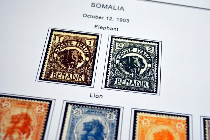 COLOR PRINTED ITALIAN SOMALIA 1903-1960 STAMP ALBUM PAGES (45 illustrated pages)