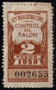 1920 Mexico Revenue 2 Pesos Civil Law Registration Control Stamp Used