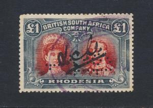 RHODESIA 1910, £1 PERFIN REVENUE CANCEL, VF USED SG#179 CAT£3250 $4355 