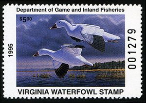 United States, Duck Hunting - State #VA8 Cat$12, Virginia, 1995 $5 Snow Geese...