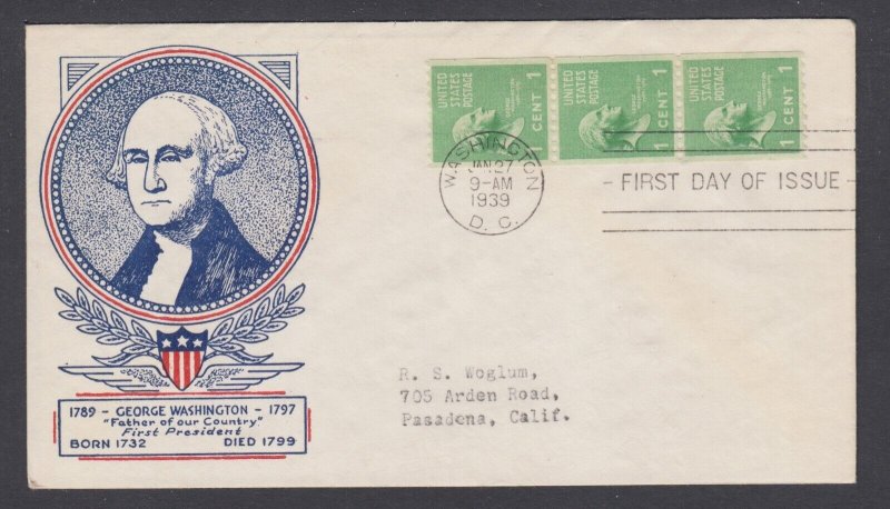 US Planty 748-58 FDC. 1939 1c Washington vertical coil, WSE/Clifford cachet, VF