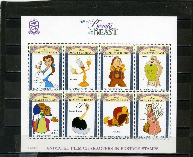 ST.VINCENT 1992 DISNEY BEAUTY AND THE BEAST SHEET OF 8 STAMPS MNH 