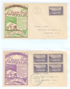 US 800 1937 3c Alaska (part of the US Possession series) on two addressed first day covers with matching Wse/Dyer cachets with c