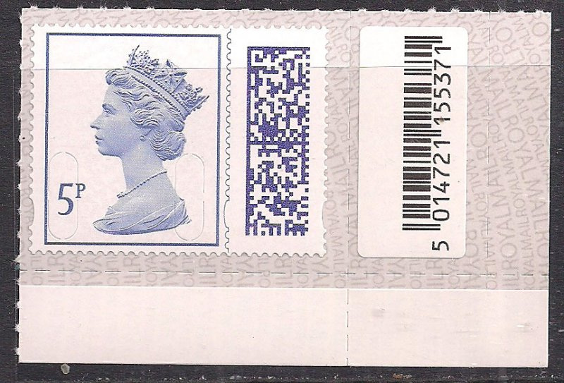 GB 2022 QE2 5p Mauve Barcoded Machin with Margin SG V4704 Umm ( K134 )