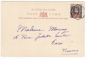 St. Lucia 1903 French ship mail cancel on postcard to France, via Martinique