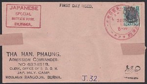 BURMA JAPAN OCCUPATION WW2 - old forged stamp on faked cover................F479